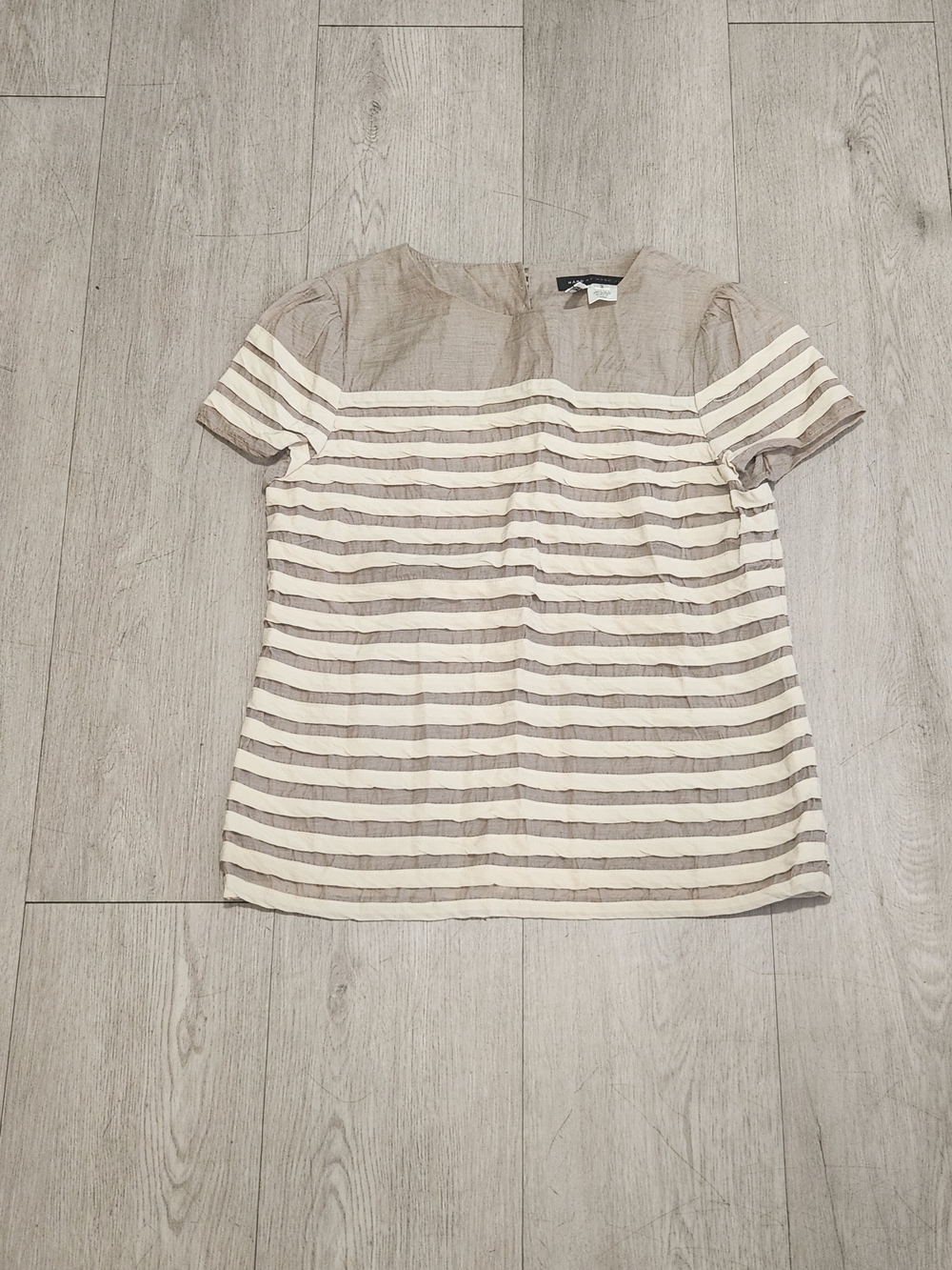 Striped Short-Sleeve Crewneck Top in Beige and Cream